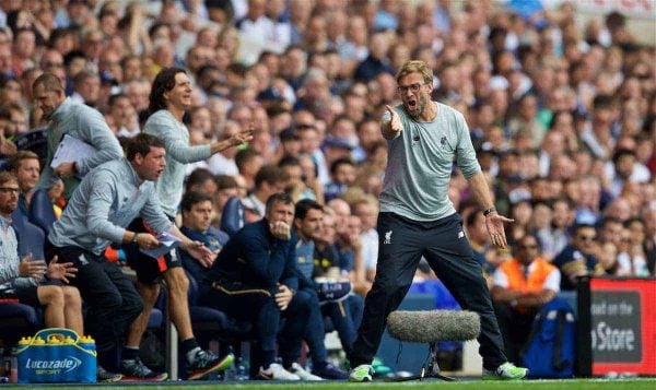 LONDON, ENGLAND - Saturday, August 27, 2016: Liverpool's manager Jürgen Klopp during the FA Premier League match again st Tottenham Hotspur at White Hart Lane. (Pic by David Rawcliffe/Propaganda)