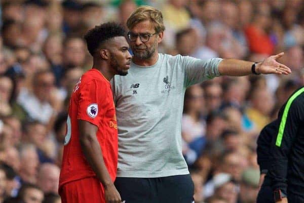 LONDON, ENGLAND - Saturday, August 27, 2016: Liverpool's manager Jürgen Klopp prepares to bring on substitute Daniel Sturridge against Tottenham Hotspur during the FA Premier League match at White Hart Lane. (Pic by David Rawcliffe/Propaganda)