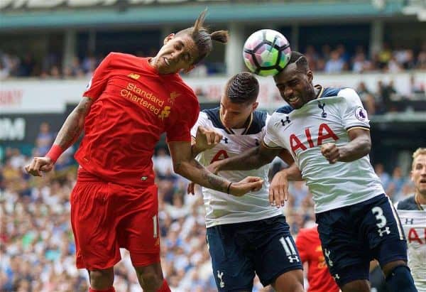 LONDON, ENGLAND - Saturday, August 27, 2016: Liverpool's Roberto Firmino in action against Tottenham Hotspur's Erik Lamela and Danny Rose during the FA Premier League match at White Hart Lane. (Pic by David Rawcliffe/Propaganda)