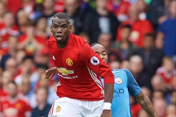 MANCHESTER, ENGLAND - Saturday, September 10, 2016: Manchester United's Paul Pogba in action against Manchester City's Raheem Sterling during the FA Premier League match at Old Trafford. (Pic by David Rawcliffe/Propaganda)