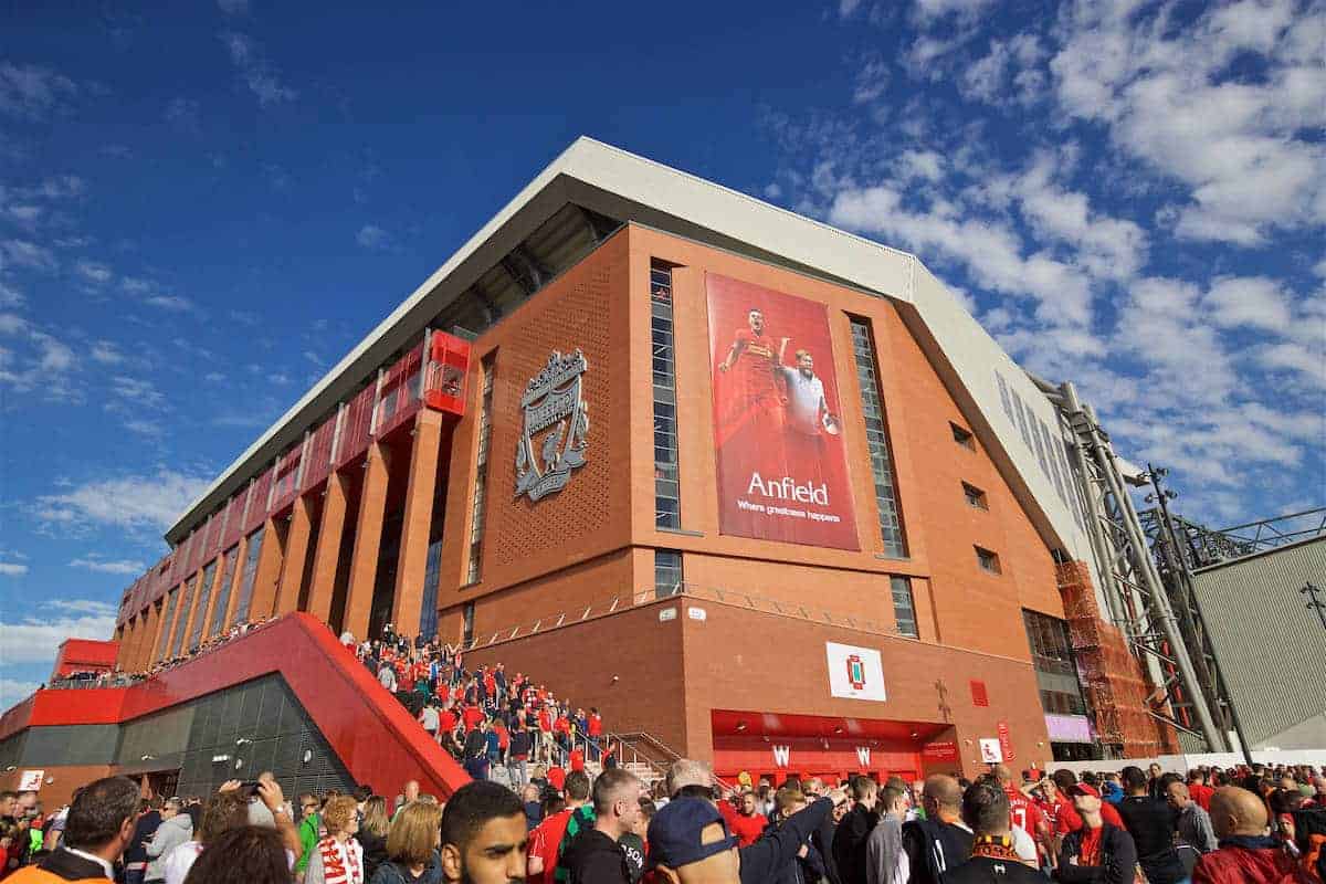 LIVERPOOL, ENGLAND - Saturday, September 10, 2016: The Liverpool club crest on the exterior of the new Main Stand before the FA Premier League match against Leicester City at Anfield. (Pic by David Rawcliffe/Propaganda)