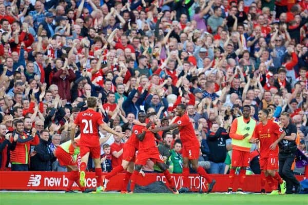 LIVERPOOL, ENGLAND - Saturday, September 10, 2016: Liverpool's Sadio Mane celebrates scoring the second goal against Leicester City during the FA Premier League match at Anfield. (Pic by David Rawcliffe/Propaganda)