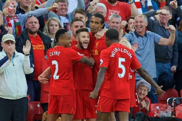 LIVERPOOL, ENGLAND - Saturday, September 10, 2016: Liverpool's Adam Lallana celebrates scoring the third goal against Leicester City during the FA Premier League match at Anfield. (Pic by David Rawcliffe/Propaganda)