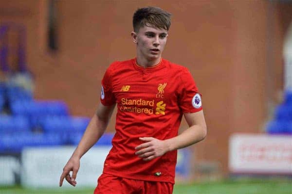 BIRKENHEAD, ENGLAND - Sunday, September 11, 2016: Liverpool's Ben Woodburn in action against Leicester City during the FA Premier League 2 Under-23 match at Prenton Park. (Pic by David Rawcliffe/Propaganda)