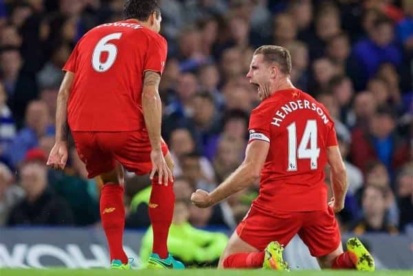 LONDON, ENGLAND - Friday, September 16, 2016: Liverpool's captain Jordan Henderson celebrates scoring the second goal against Chelsea during the FA Premier League match at Stamford Bridge. (Pic by David Rawcliffe/Propaganda)