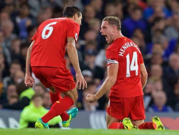 LONDON, ENGLAND - Friday, September 16, 2016: Liverpool's captain Jordan Henderson celebrates scoring the second goal against Chelsea with team-mate Dejan Lovren during the FA Premier League match at Stamford Bridge. (Pic by David Rawcliffe/Propaganda)