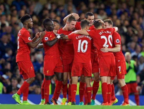 LONDON, ENGLAND - Friday, September 16, 2016: Liverpool's captain Jordan Henderson celebrates scoring the second goal against Chelsea during the FA Premier League match at Stamford Bridge. (Pic by David Rawcliffe/Propaganda)