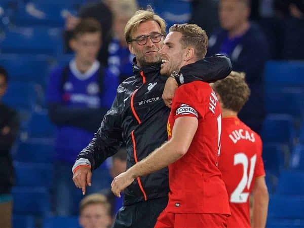 LONDON, ENGLAND - Friday, September 16, 2016: Liverpool's manager Jürgen Klopp celebrates with captain Jordan Henderson after the 2-1 victory over Chelsea during the FA Premier League match at Stamford Bridge. (Pic by David Rawcliffe/Propaganda)