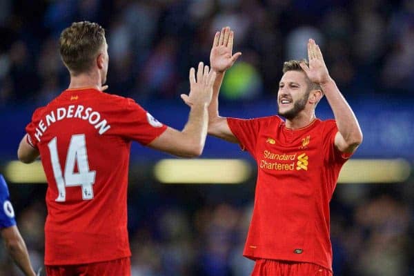 LONDON, ENGLAND - Friday, September 16, 2016: Liverpool's Adam Lallana celebrates after the 2-1 victory over Chelsea during the FA Premier League match at Stamford Bridge. (Pic by David Rawcliffe/Propaganda)