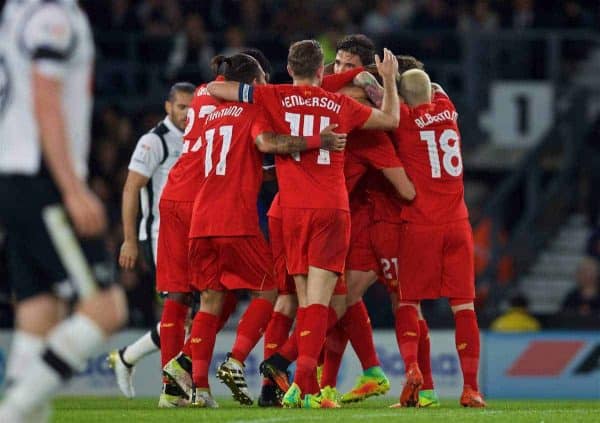 DERBY, ENGLAND - Tuesday, September 20, 2016: Liverpool's Ragnar Klavan celebrates scoring the first goal against Derby County during the Football League Cup 3rd Round match at Pride Park. (Pic by David Rawcliffe/Propaganda)