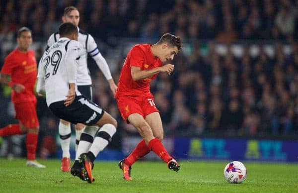 DERBY, ENGLAND - Tuesday, September 20, 2016: Liverpool's Philippe Coutinho Correia scores the second goal against Derby County during the Football League Cup 3rd Round match at Pride Park. (Pic by David Rawcliffe/Propaganda)