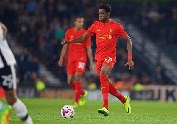 DERBY, ENGLAND - Tuesday, September 20, 2016: Liverpool's Oviemuno Ejaria in action against Derby County during the Football League Cup 3rd Round match at Pride Park. (Pic by David Rawcliffe/Propaganda)