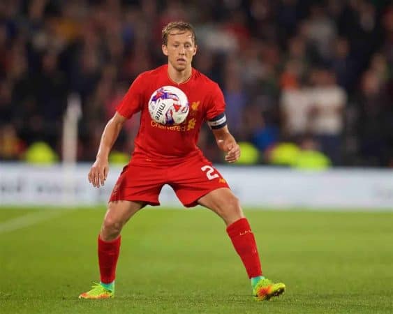 DERBY, ENGLAND - Tuesday, September 20, 2016: Liverpool's captain Lucas Leiva in action against Derby County during the Football League Cup 3rd Round match at Pride Park. (Pic by David Rawcliffe/Propaganda)