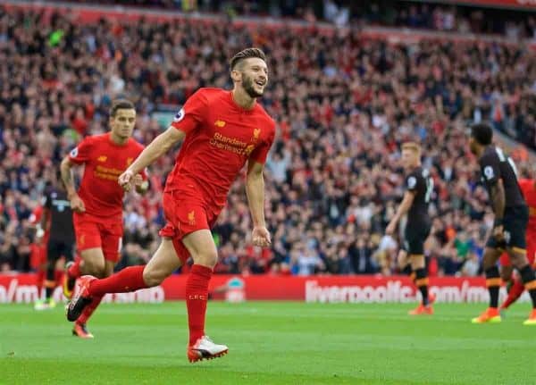 LIVERPOOL, ENGLAND - Saturday, September 24, 2016: Liverpool's Adam Lallana celebrates scoring the first goal against Hull City during the FA Premier League match at Anfield. (Pic by David Rawcliffe/Propaganda)