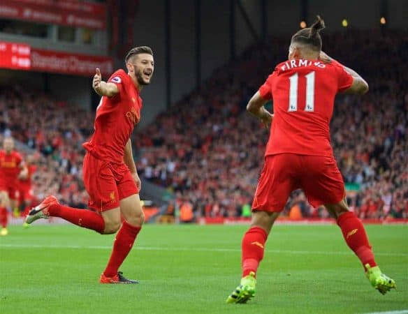 LIVERPOOL, ENGLAND - Saturday, September 24, 2016: Liverpool's Adam Lallana celebrates scoring the first goal against Hull City during the FA Premier League match at Anfield. (Pic by David Rawcliffe/Propaganda)