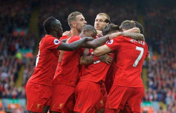 LIVERPOOL, ENGLAND - Saturday, September 24, 2016: Liverpool's Adam Lallana celebrates scoring the first goal against Hull City during the FA Premier League match at Anfield. (Pic by David Rawcliffe/Propaganda)