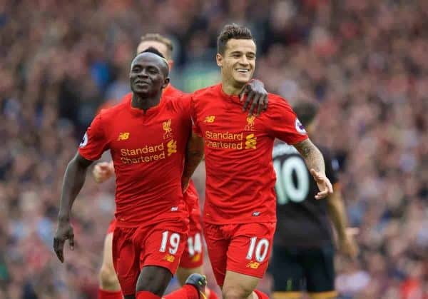 LIVERPOOL, ENGLAND - Saturday, September 24, 2016: Liverpool's Philippe Coutinho Correia celebrates scoring the fourth goal against Hull City with team-mate Sadio Mane during the FA Premier League match at Anfield. (Pic by David Rawcliffe/Propaganda)