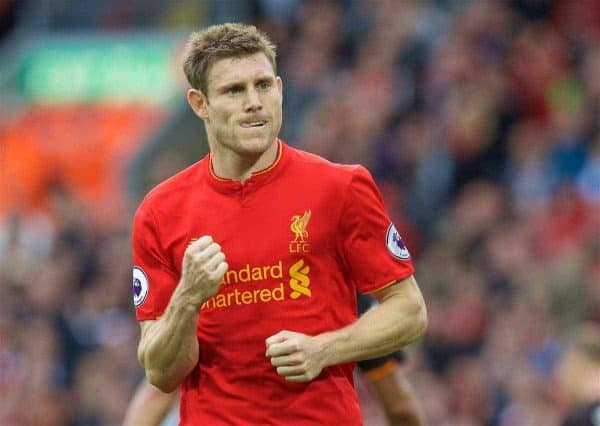 LIVERPOOL, ENGLAND - Saturday, September 24, 2016: Liverpool's James Milner celebrates scoring the fifth goal against Hull City from the penalty spot, his second penalty goal of the game, during the FA Premier League match at Anfield. (Pic by David Rawcliffe/Propaganda)