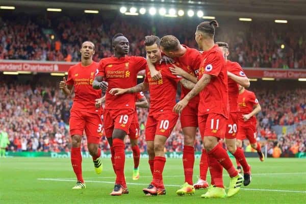 LIVERPOOL, ENGLAND - Saturday, September 24, 2016: Liverpool's Philippe Coutinho Correia celebrates scoring the fourth goal against Hull City with team-mates Sadio Mane, captain Jordan Henderson and Roberto Firmino during the FA Premier League match at Anfield. (Pic by David Rawcliffe/Propaganda)