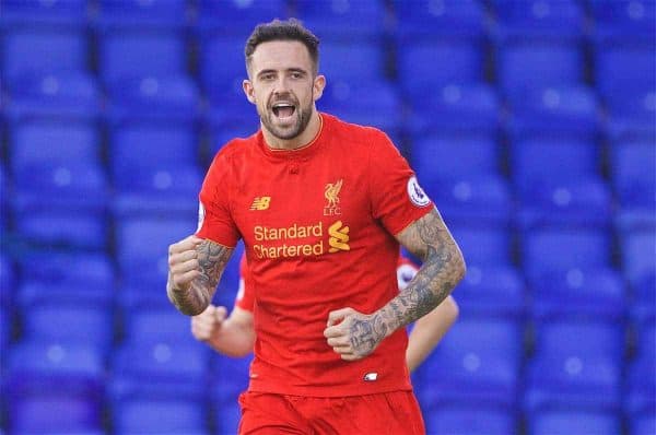 BIRKENHEAD, ENGLAND - Sunday, September 25, 2016: Liverpool's Danny Ings celebrates scoring the first goal against Sunderland during the FA Premier League 2 Under-23 match at Prenton Park. (Pic by David Rawcliffe/Propaganda)