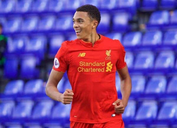 BIRKENHEAD, ENGLAND - Sunday, September 25, 2016: Liverpool's Trent Alexander-Arnold celebrates scoring the third goal against Sunderland during the FA Premier League 2 Under-23 match at Prenton Park. (Pic by David Rawcliffe/Propaganda)