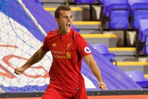 BIRKENHEAD, ENGLAND - Wednesday, September 28, 2016: Liverpool's substitute Brooks Lennon celebrates scoring the first equalising goal against Wolfsburg during the Premier League International Cup match at Prenton Park. (Pic by David Rawcliffe/Propaganda)