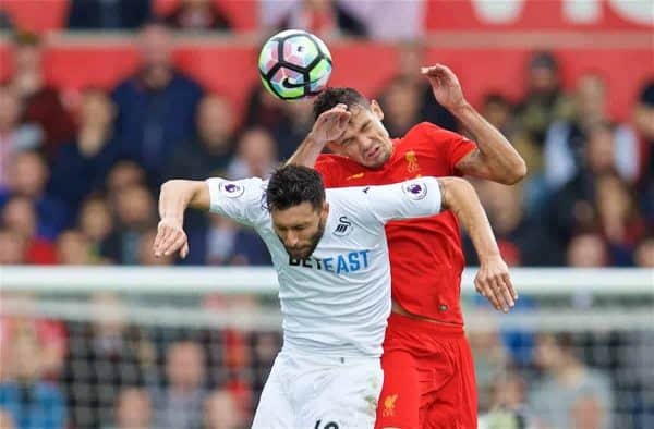 LIVERPOOL, ENGLAND - Saturday, October 1, 2016: Liverpool's Dejan Lovren in action against Swansea City's Borja Baston during the FA Premier League match at the Liberty Stadium. (Pic by David Rawcliffe/Propaganda)