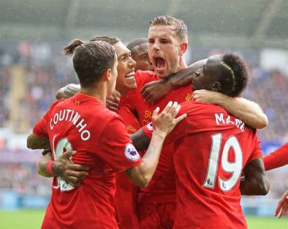 LIVERPOOL, ENGLAND - Saturday, October 1, 2016: Liverpool's Roberto Firmino celebrates scoring the first equalising goal against Swansea City during the FA Premier League match at the Liberty Stadium. (Pic by David Rawcliffe/Propaganda)