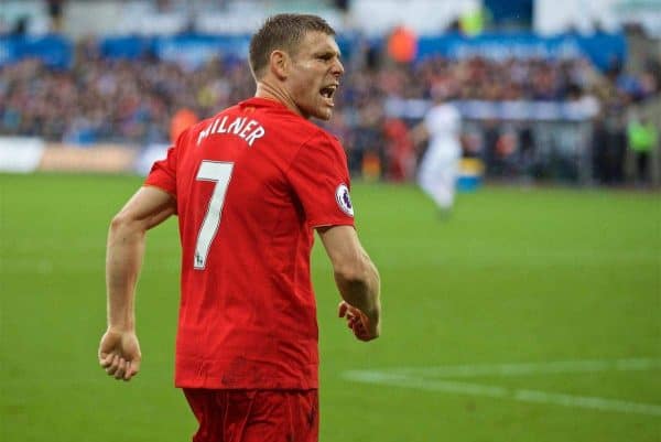 LIVERPOOL, ENGLAND - Saturday, October 1, 2016: Liverpool's James Milner celebrates scoring the second goal against Swansea City from the penalty spot to make the score 2-1 during the FA Premier League match at the Liberty Stadium. (Pic by David Rawcliffe/Propaganda)