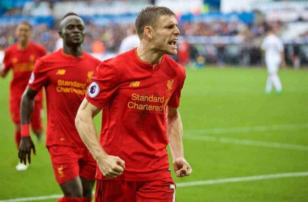 LIVERPOOL, ENGLAND - Saturday, October 1, 2016: Liverpool's James Milner celebrates scoring the second goal against Swansea City from the penalty spot to make the score 2-1 during the FA Premier League match at the Liberty Stadium. (Pic by David Rawcliffe/Propaganda)