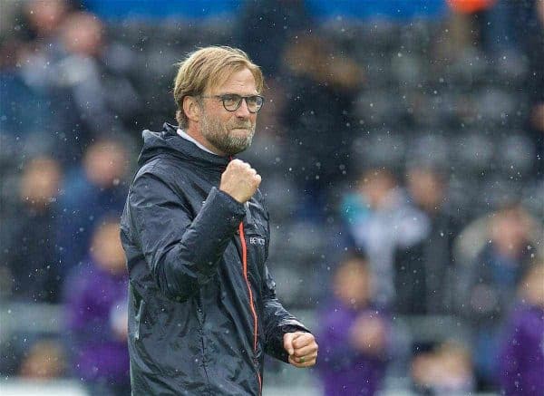 LIVERPOOL, ENGLAND - Saturday, October 1, 2016: Liverpool's manager Jürgen Klopp celebrates after the 2-1 victory over Swansea City during the FA Premier League match at the Liberty Stadium. (Pic by David Rawcliffe/Propaganda)