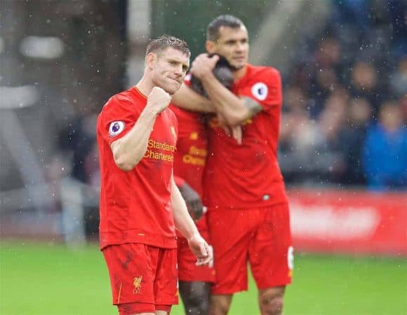 LIVERPOOL, ENGLAND - Saturday, October 1, 2016: Liverpool's match-winning goal scorer James Milner celebrates after the 2-1 victory over Swansea City during the FA Premier League match at the Liberty Stadium. (Pic by David Rawcliffe/Propaganda)