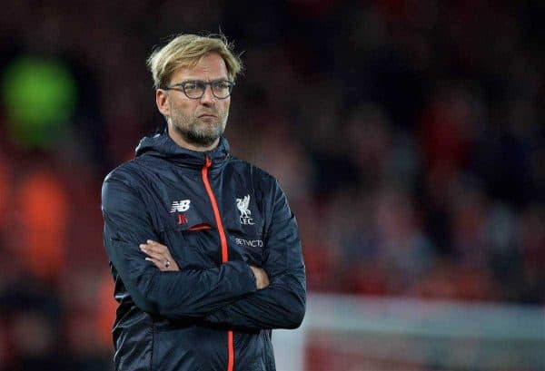 LIVERPOOL, ENGLAND - Monday, October 17, 2016: Liverpool's manager Jürgen Klopp before in action against Manchester United during the FA Premier League match against Manchester United at Anfield. (Pic by David Rawcliffe/Propaganda)