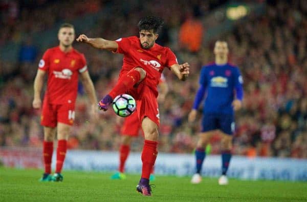 LIVERPOOL, ENGLAND - Monday, October 17, 2016: Liverpool's Emre Can in action against Manchester United during the FA Premier League match at Anfield. (Pic by David Rawcliffe/Propaganda)