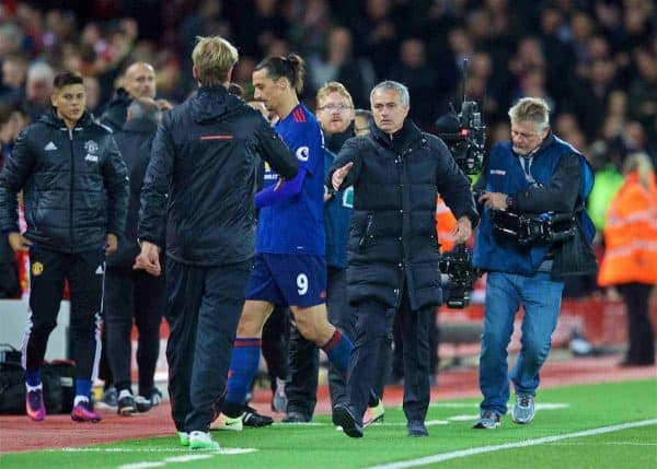 LIVERPOOL, ENGLAND - Monday, October 17, 2016: Manchester United's manager Jose Mourinho shakes hands with Liverpool's manager Jürgen Klopp after the goal-less draw during the FA Premier League match at Anfield. (Pic by David Rawcliffe/Propaganda)