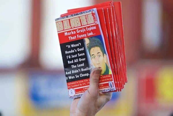 LIVERPOOL, ENGLAND - Saturday, October 22, 2016: A Liverpool supporter selling a fanzine "Red All Over The Land" before the FA Premier League match against West Bromwich Albion at Anfield. (Pic by David Rawcliffe/Propaganda)