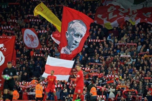 LIVERPOOL, ENGLAND - Saturday, October 22, 2016: Liverpool supporters on the Spion Kop with a Bill Shankly banner before the FA Premier League match against West Bromwich Albion at Anfield. (Pic by David Rawcliffe/Propaganda)