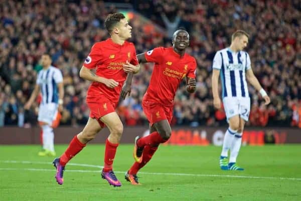 LIVERPOOL, ENGLAND - Saturday, October 22, 2016: Liverpool's Philippe Coutinho Correia celebrates scoring the second goal against West Bromwich Albion during the FA Premier League match at Anfield. (Pic by David Rawcliffe/Propaganda)