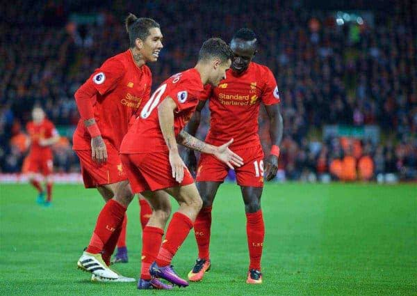 LIVERPOOL, ENGLAND - Saturday, October 22, 2016: Liverpool's Philippe Coutinho Correia celebrates scoring the second goal against West Bromwich Albion during the FA Premier League match at Anfield. (Pic by David Rawcliffe/Propaganda)