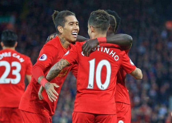 LIVERPOOL, ENGLAND - Saturday, October 22, 2016: Liverpool's Philippe Coutinho Correia celebrates scoring the second goal against West Bromwich Albion with team-mate Roberto Firmino during the FA Premier League match at Anfield. (Pic by David Rawcliffe/Propaganda)