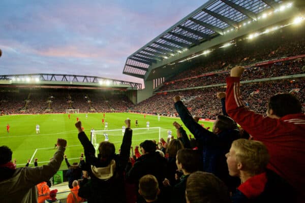 LIVERPOOL, ENGLAND - Saturday, October 22, 2016: Liverpool supporters celebrate as Sadio Mane scores the opening goal against West Bromwich Albion during the FA Premier League match at Anfield. (Pic by David Rawcliffe/Propaganda)