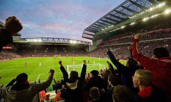 LIVERPOOL, ENGLAND - Saturday, October 22, 2016: Liverpool supporters celebrate as Sadio Mane scores the opening goal against West Bromwich Albion during the FA Premier League match at Anfield. (Pic by David Rawcliffe/Propaganda)