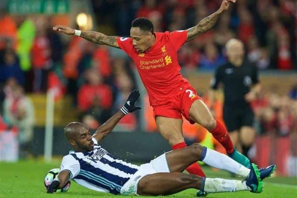 LIVERPOOL, ENGLAND - Saturday, October 22, 2016: Liverpool's Nathaniel Clyne in action against West Bromwich Albion during the FA Premier League match at Anfield. (Pic by David Rawcliffe/Propaganda)