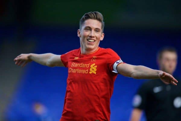 BIRKENHEAD, ENGLAND - Sunday, October 23, 2016: Liverpool's captain Harry Wilson celebrates scoring the second goal against Everton during the Mini-Derby FA Premier League 2 Under-23 match at Prenton Park. (Pic by David Rawcliffe/Propaganda)