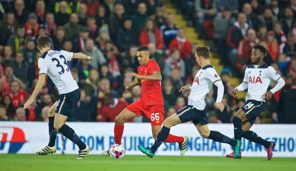 LIVERPOOL, ENGLAND - Tuesday, October 25, 2016: Liverpool's Trent Alexander-Arnold in action against Tottenham Hotspur during the Football League Cup 4th Round match at Anfield. (Pic by David Rawcliffe/Propaganda)