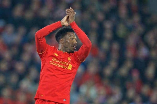 LIVERPOOL, ENGLAND - Tuesday, October 25, 2016: Liverpool's Daniel Sturridge in action against Tottenham Hotspur during the Football League Cup 4th Round match at Anfield. (Pic by David Rawcliffe/Propaganda)