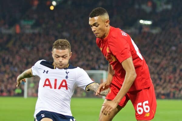 LIVERPOOL, ENGLAND - Tuesday, October 25, 2016: Liverpool's Trent Alexander-Arnold in action against Tottenham Hotspur during the Football League Cup 4th Round match at Anfield. (Pic by David Rawcliffe/Propaganda)