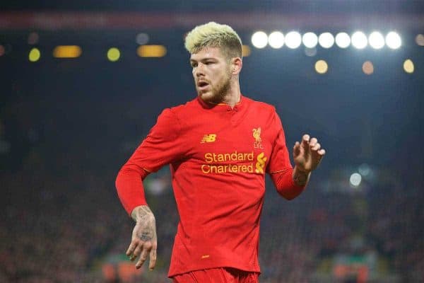 LIVERPOOL, ENGLAND - Tuesday, October 25, 2016: Liverpool's Alberto Moreno in action against Tottenham Hotspur during the Football League Cup 4th Round match at Anfield. (Pic by David Rawcliffe/Propaganda)