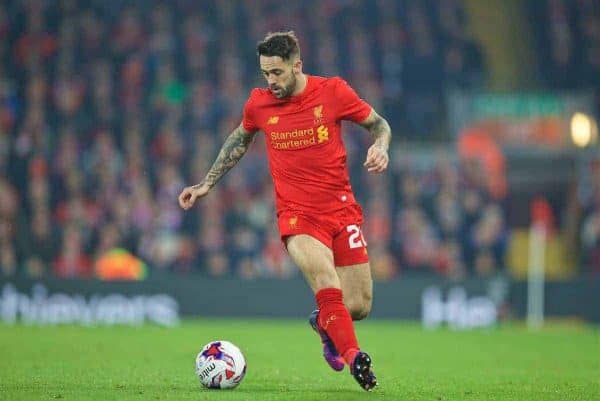 LIVERPOOL, ENGLAND - Tuesday, October 25, 2016: Liverpool's Danny Ings in action against Tottenham Hotspur during the Football League Cup 4th Round match at Anfield. (Pic by David Rawcliffe/Propaganda)