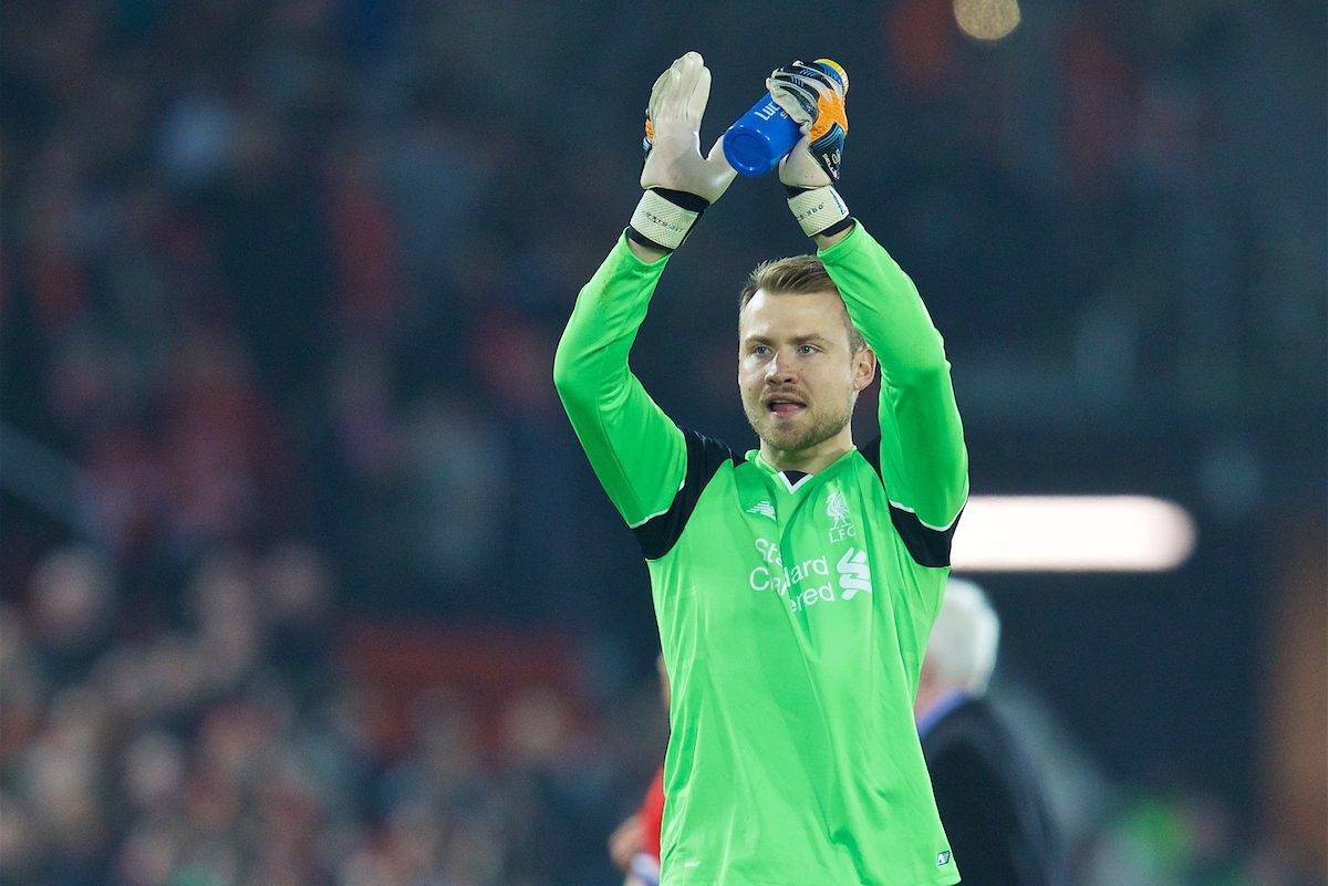 LIVERPOOL, ENGLAND - Tuesday, October 25, 2016: Liverpool's goalkeeper Simon Mignolet applauds the supporters after his side's 2-1 victory over Tottenham Hotspur during the Football League Cup 4th Round match at Anfield. (Pic by David Rawcliffe/Propaganda)